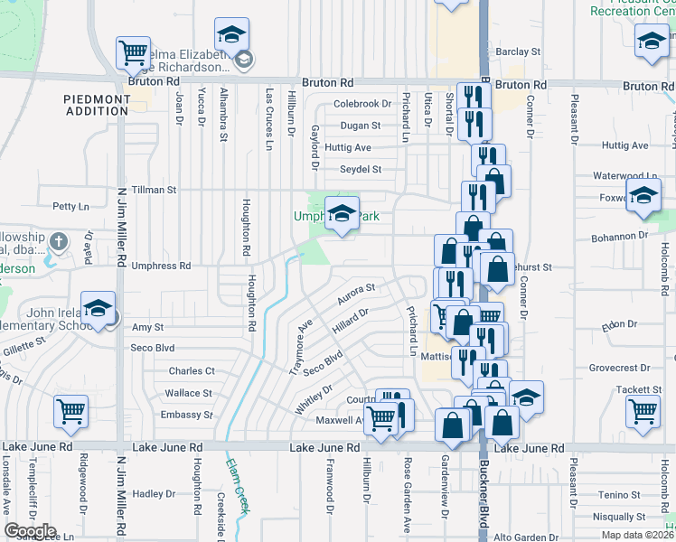 map of restaurants, bars, coffee shops, grocery stores, and more near 7700 Umphress Road in Dallas