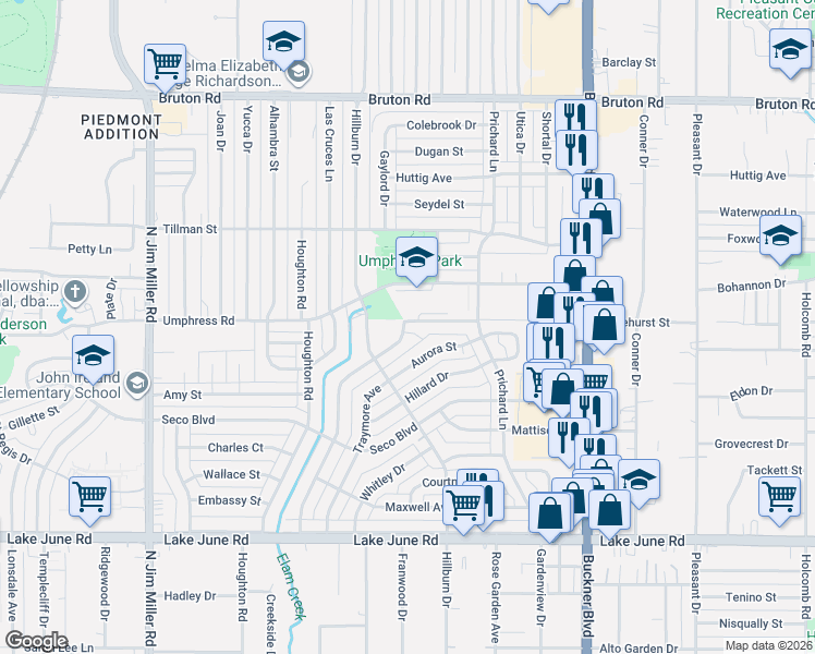 map of restaurants, bars, coffee shops, grocery stores, and more near 7700 Umphress Road in Dallas