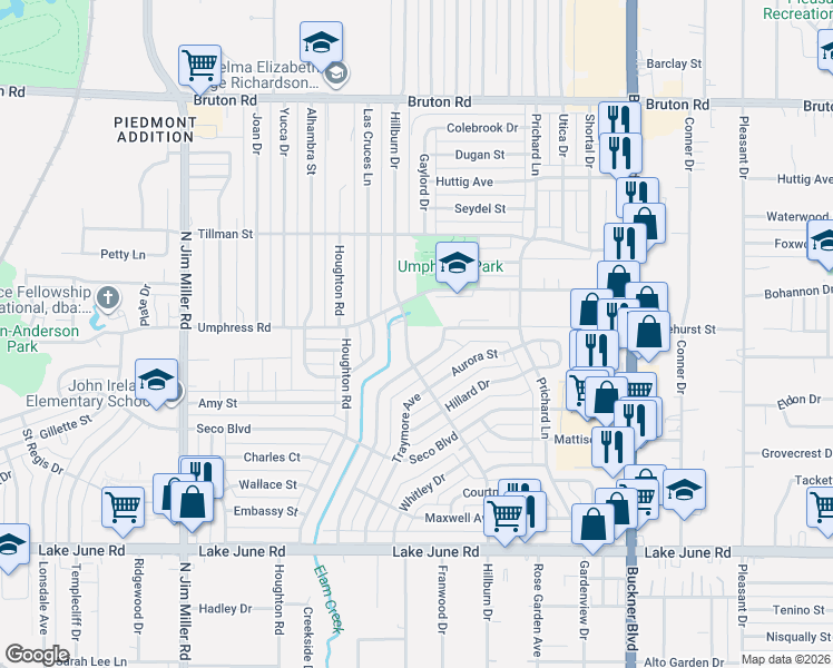 map of restaurants, bars, coffee shops, grocery stores, and more near 7616 Umphress Road in Dallas