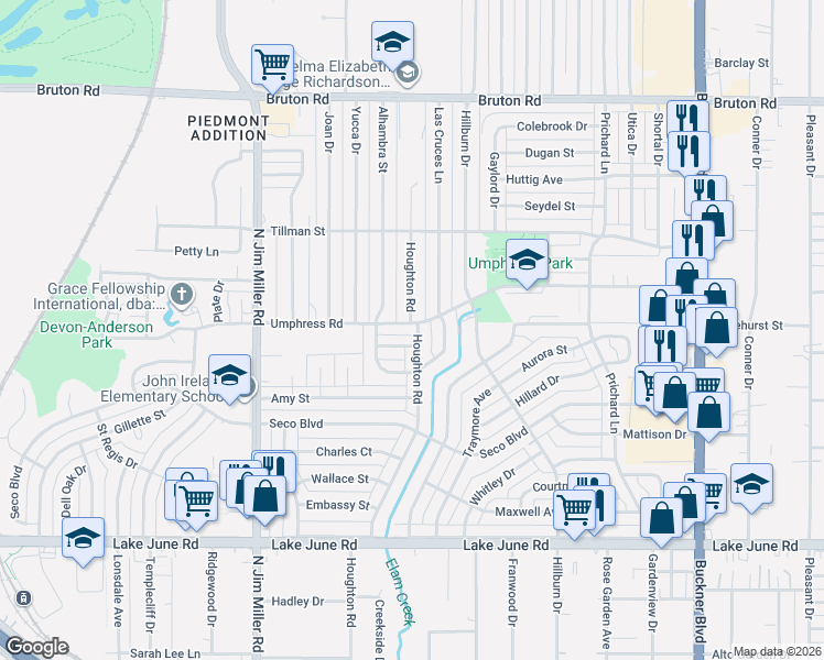 map of restaurants, bars, coffee shops, grocery stores, and more near 1715 Houghton Road in Dallas