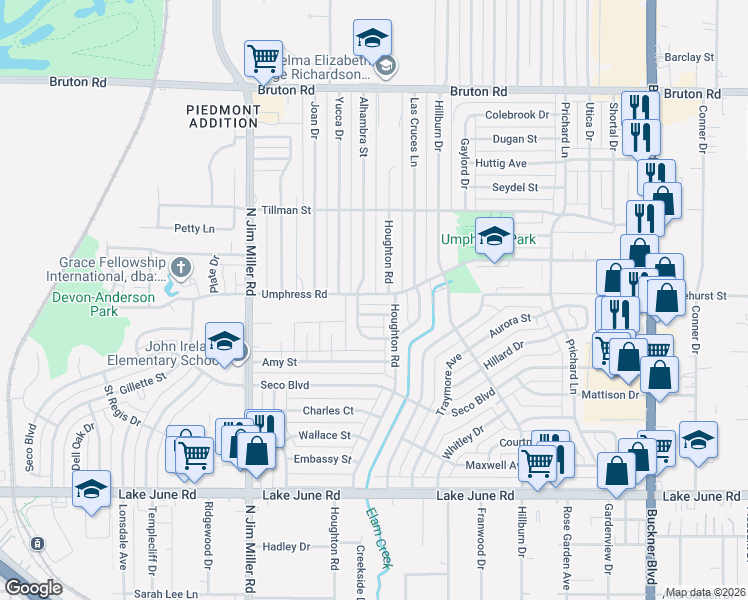 map of restaurants, bars, coffee shops, grocery stores, and more near 1715 Houghton Road in Dallas