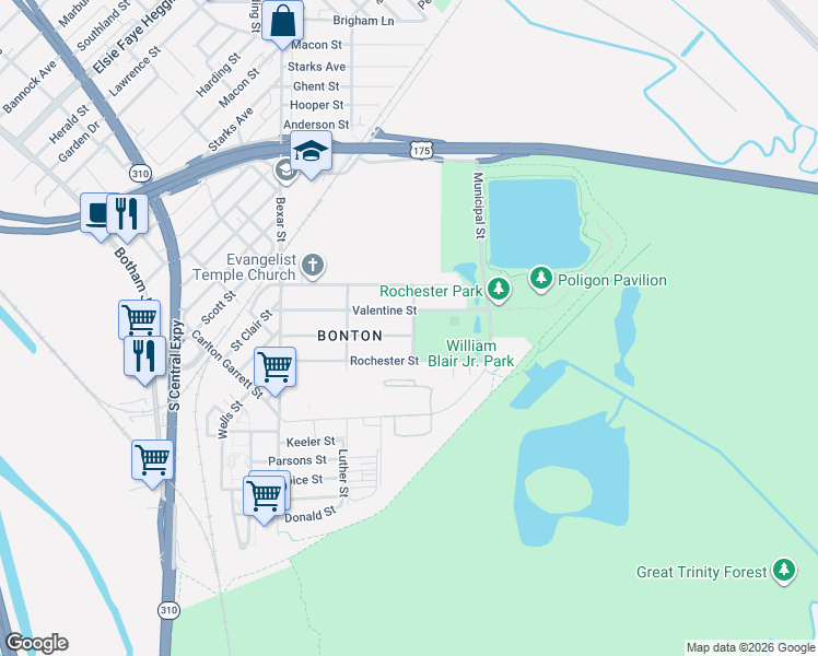 map of restaurants, bars, coffee shops, grocery stores, and more near 2927 Valentine Street in Dallas