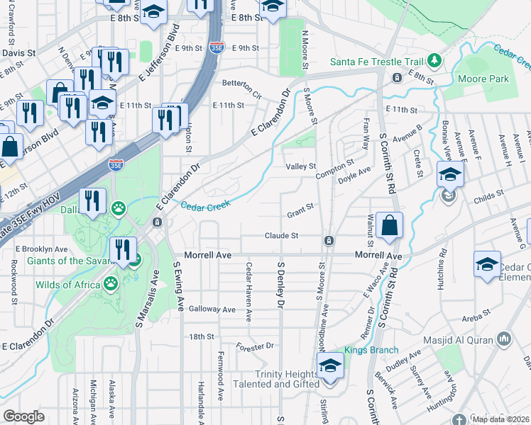 map of restaurants, bars, coffee shops, grocery stores, and more near 1116 Compton Street in Dallas