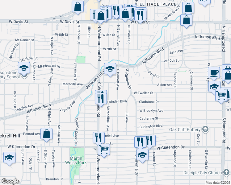 map of restaurants, bars, coffee shops, grocery stores, and more near 409 South Barnett Avenue in Dallas