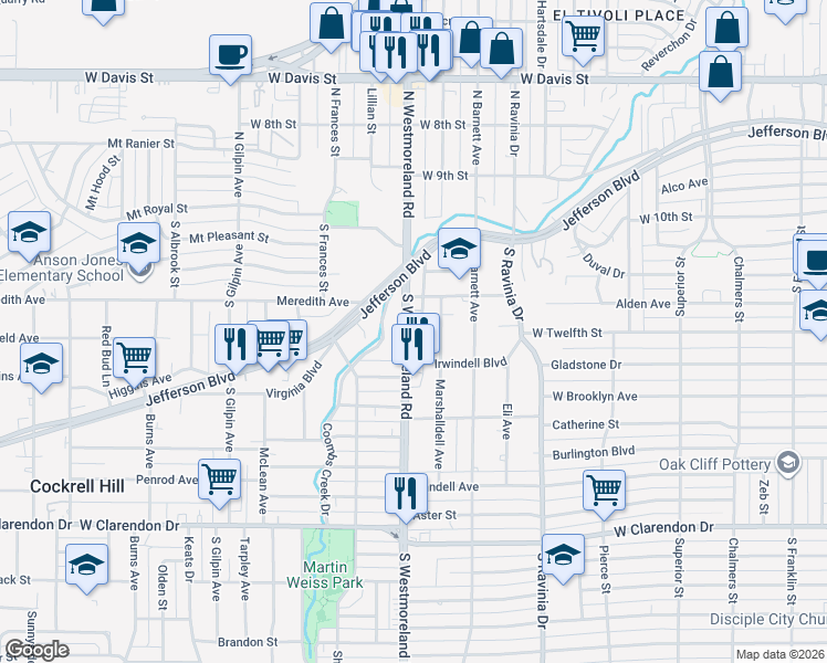 map of restaurants, bars, coffee shops, grocery stores, and more near 411 South Westmoreland Road in Dallas