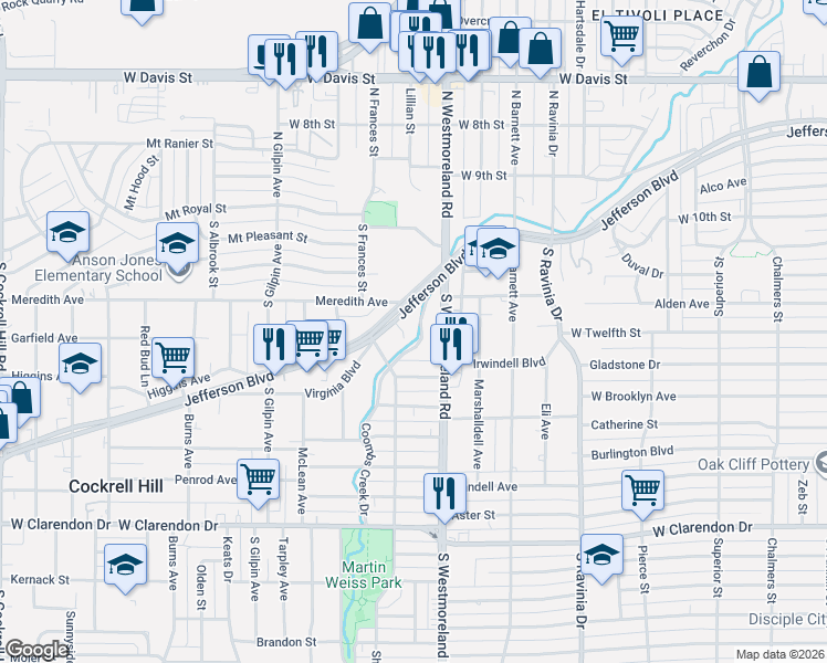 map of restaurants, bars, coffee shops, grocery stores, and more near 3411 West Jefferson Boulevard in Dallas