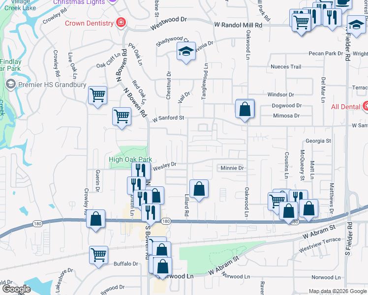map of restaurants, bars, coffee shops, grocery stores, and more near 2300 Oak Manor in Arlington