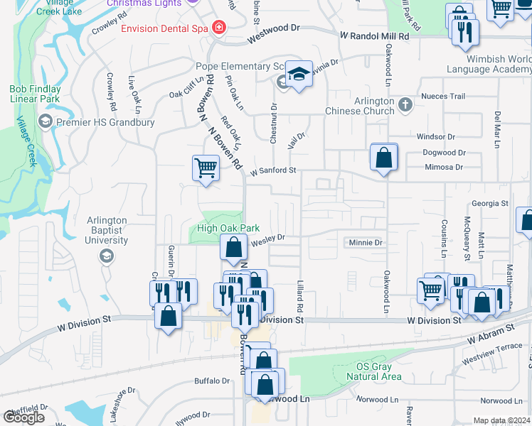 map of restaurants, bars, coffee shops, grocery stores, and more near 2316 Oak Manor in Arlington