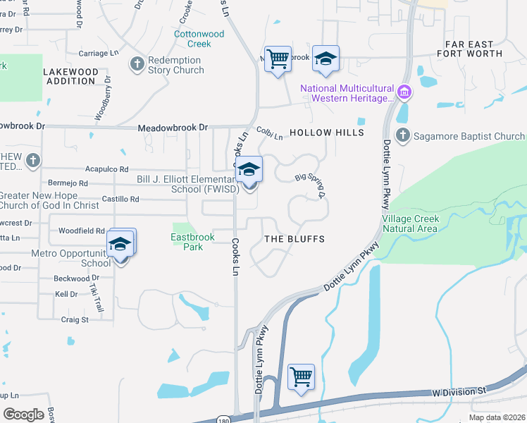 map of restaurants, bars, coffee shops, grocery stores, and more near 2501 Cooks Lane in Fort Worth