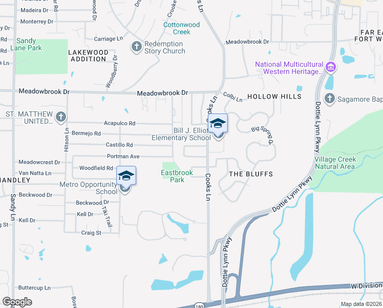 map of restaurants, bars, coffee shops, grocery stores, and more near 2616 Castanada Circle in Fort Worth