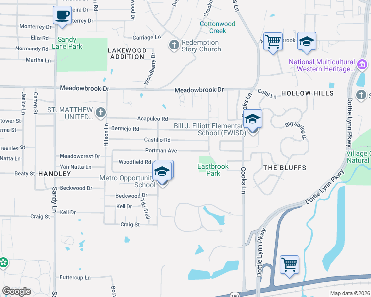 map of restaurants, bars, coffee shops, grocery stores, and more near 7729 Castillo Road in Fort Worth