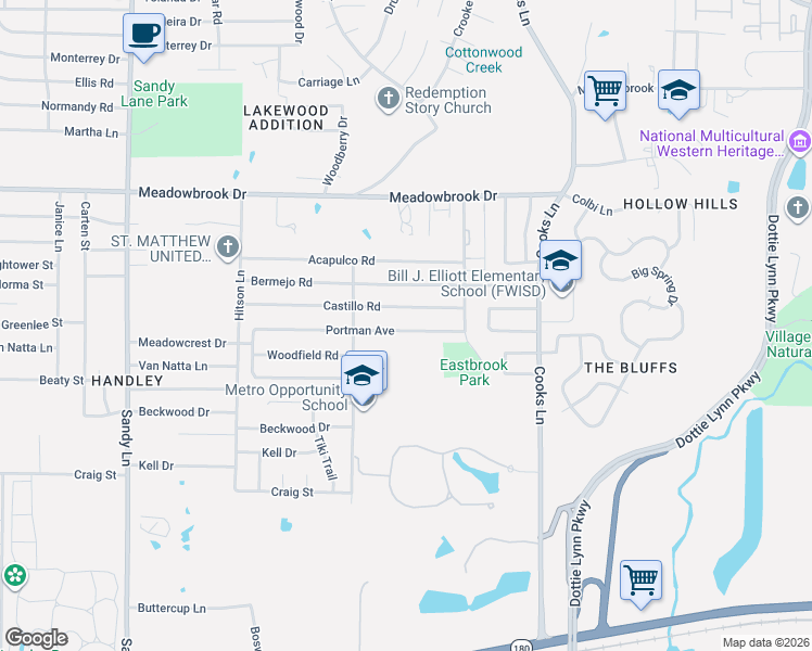 map of restaurants, bars, coffee shops, grocery stores, and more near 7729 Castillo Road in Fort Worth