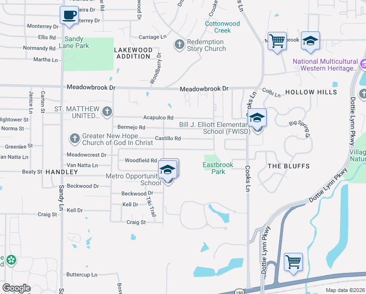 map of restaurants, bars, coffee shops, grocery stores, and more near 7729 Castillo Road in Fort Worth