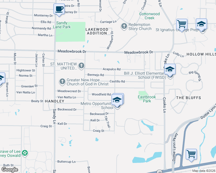 map of restaurants, bars, coffee shops, grocery stores, and more near 7621 Castillo Road in Fort Worth