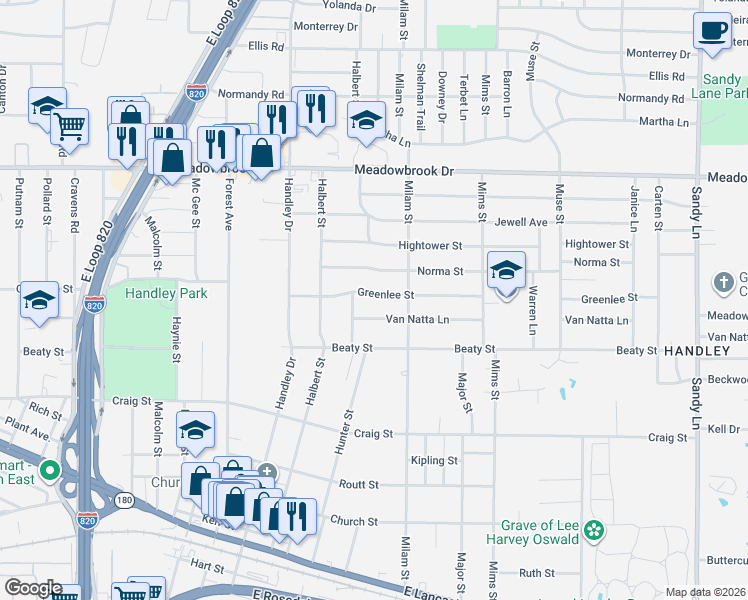 map of restaurants, bars, coffee shops, grocery stores, and more near 6828 Norma Street in Fort Worth