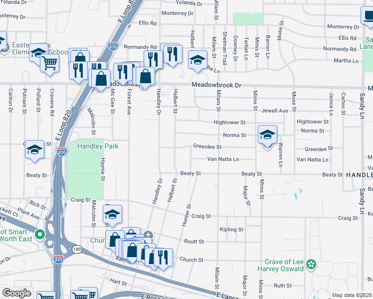 map of restaurants, bars, coffee shops, grocery stores, and more near 6801 Greenlee Street in Fort Worth