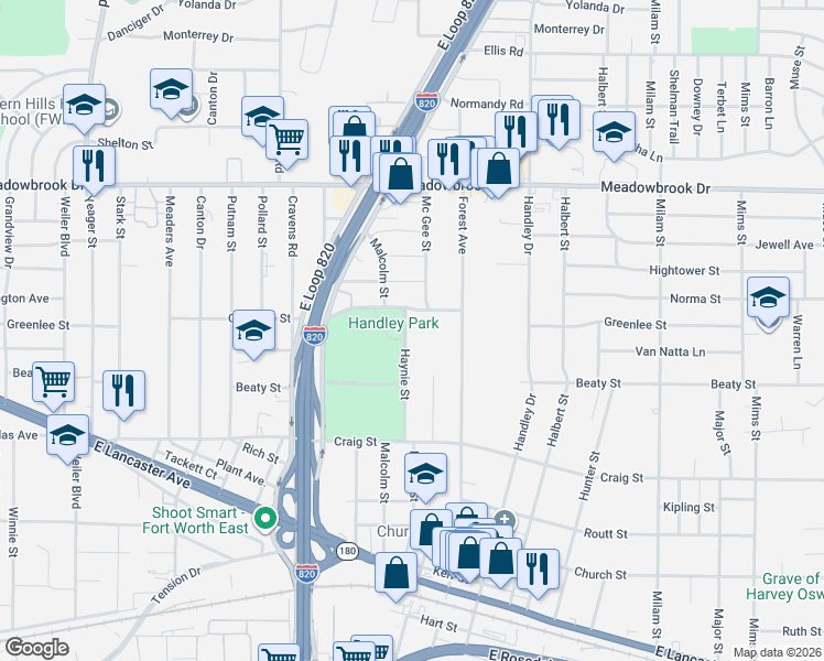 map of restaurants, bars, coffee shops, grocery stores, and more near 2601 Haynie Street in Fort Worth