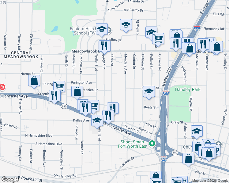 map of restaurants, bars, coffee shops, grocery stores, and more near 2620 Meaders Avenue in Fort Worth