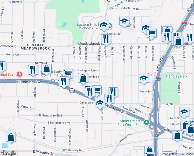 map of restaurants, bars, coffee shops, grocery stores, and more near 2612 Weiler Boulevard in Fort Worth