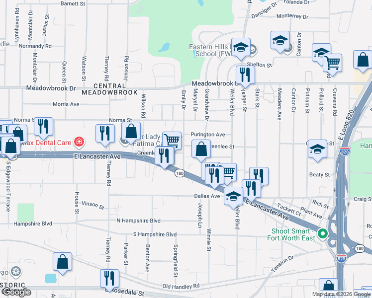 map of restaurants, bars, coffee shops, grocery stores, and more near 5332 Purington Avenue in Fort Worth