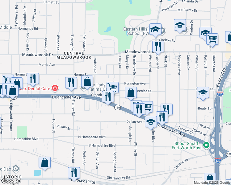 map of restaurants, bars, coffee shops, grocery stores, and more near 5332 Purington Avenue in Fort Worth