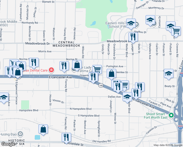 map of restaurants, bars, coffee shops, grocery stores, and more near 5232 Purington Avenue in Fort Worth