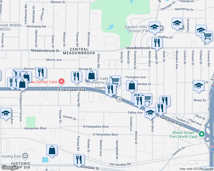 map of restaurants, bars, coffee shops, grocery stores, and more near 5232 Purington Avenue in Fort Worth