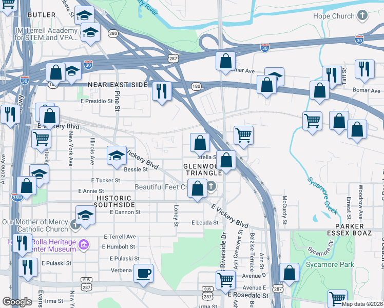 map of restaurants, bars, coffee shops, grocery stores, and more near 1630 East Broadway Avenue in Fort Worth