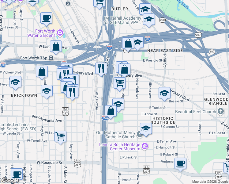 map of restaurants, bars, coffee shops, grocery stores, and more near 817 East Broadway Avenue in Fort Worth