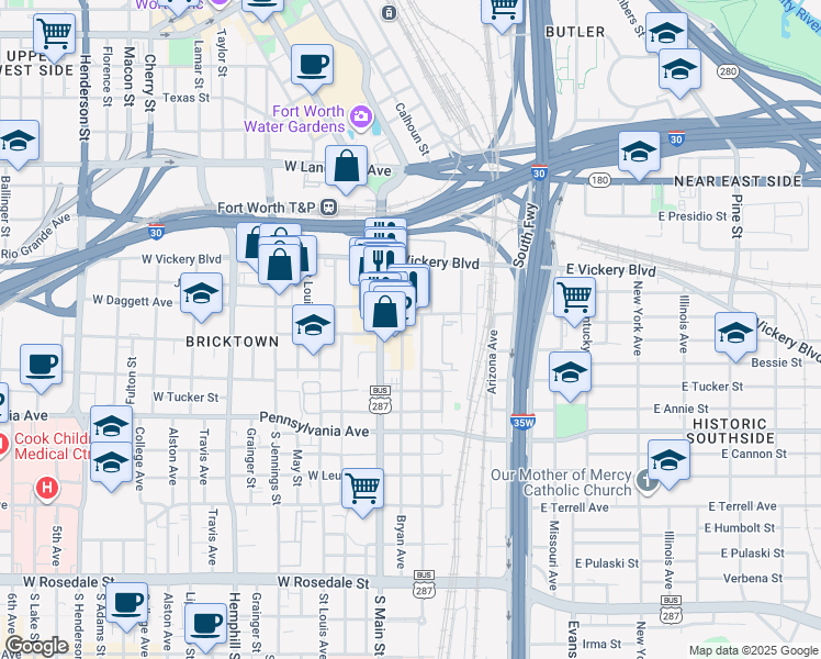 map of restaurants, bars, coffee shops, grocery stores, and more near 221 East Broadway Avenue in Fort Worth