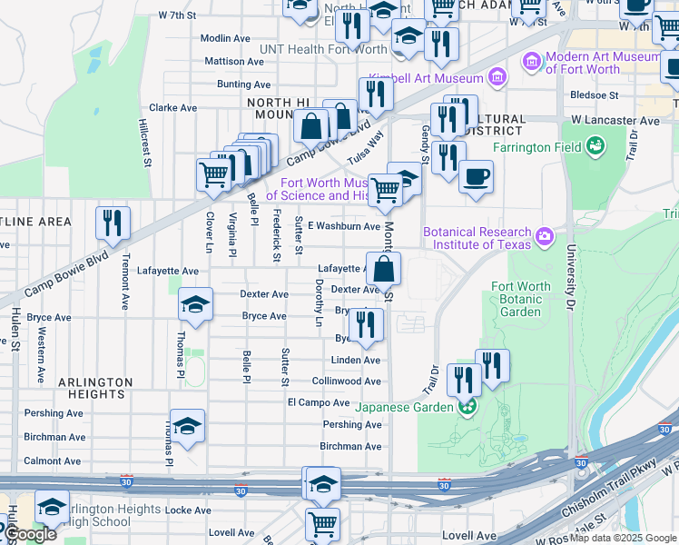 map of restaurants, bars, coffee shops, grocery stores, and more near 3705 Harley Avenue in Fort Worth