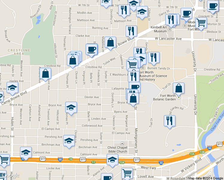 map of restaurants, bars, coffee shops, grocery stores, and more near 1900 Dorothy Ln in Fort Worth