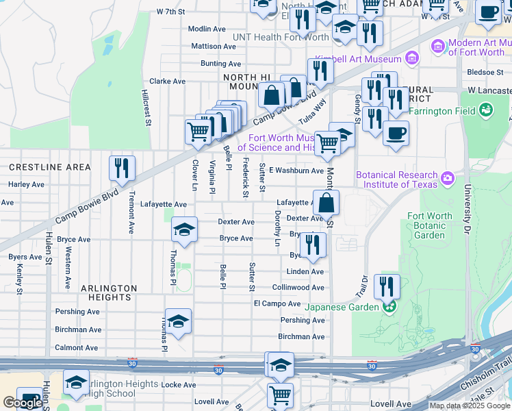 map of restaurants, bars, coffee shops, grocery stores, and more near 3813 Harley Avenue in Fort Worth