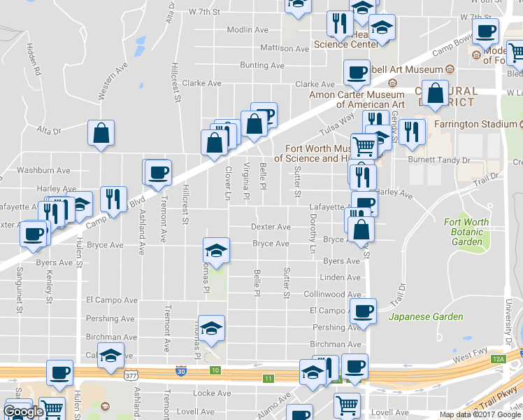 map of restaurants, bars, coffee shops, grocery stores, and more near 1813 Virginia Place in Fort Worth