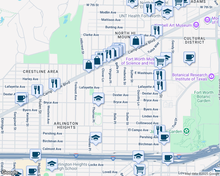 map of restaurants, bars, coffee shops, grocery stores, and more near 1813 Virginia Place in Fort Worth