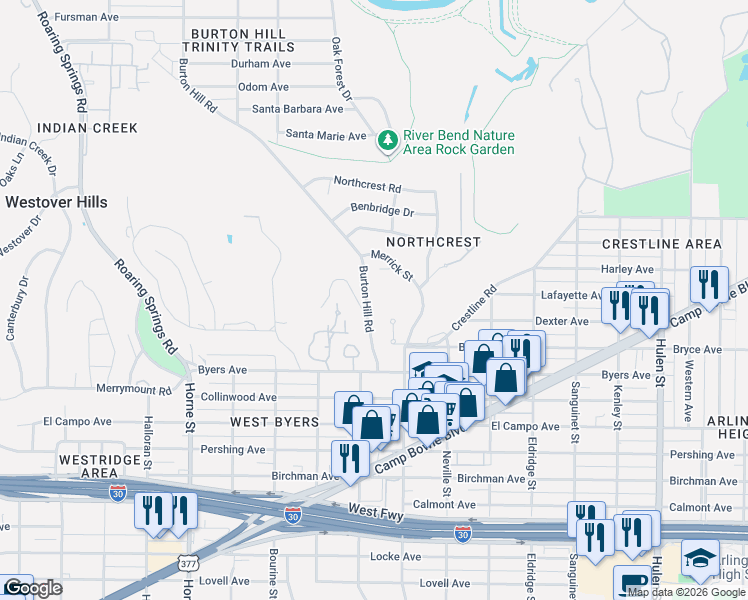 map of restaurants, bars, coffee shops, grocery stores, and more near 1732 Merrick Court in Fort Worth