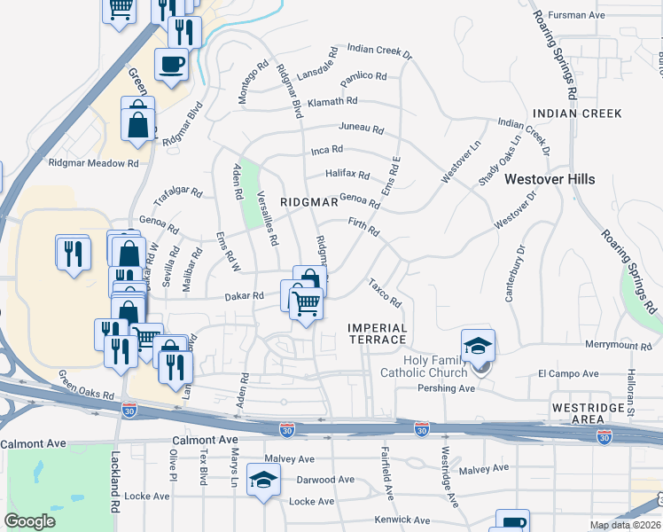 map of restaurants, bars, coffee shops, grocery stores, and more near 1812 Ems Road East in Fort Worth