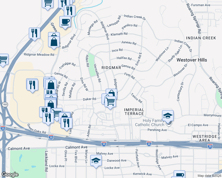 map of restaurants, bars, coffee shops, grocery stores, and more near 1808 Ridgmar Boulevard in Fort Worth