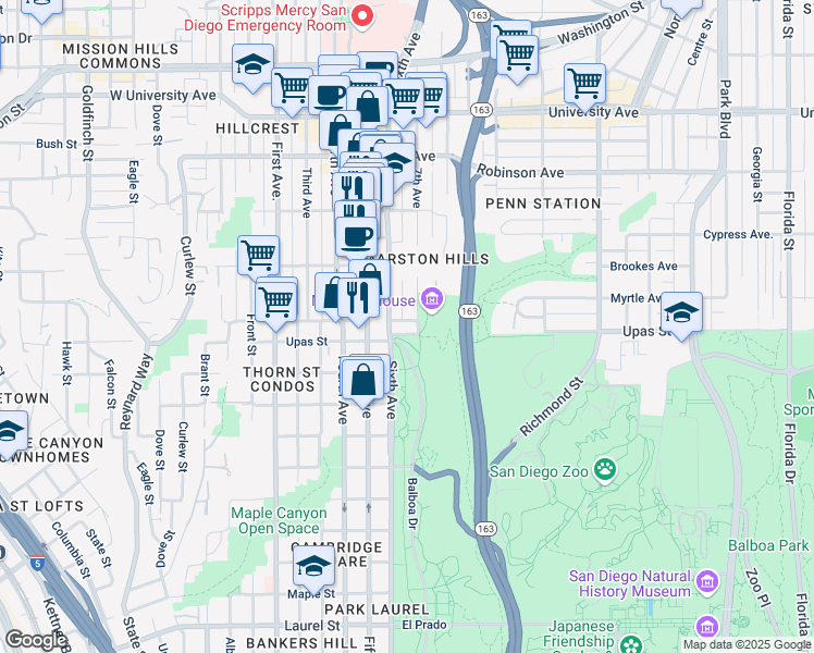 map of restaurants, bars, coffee shops, grocery stores, and more near in San Diego