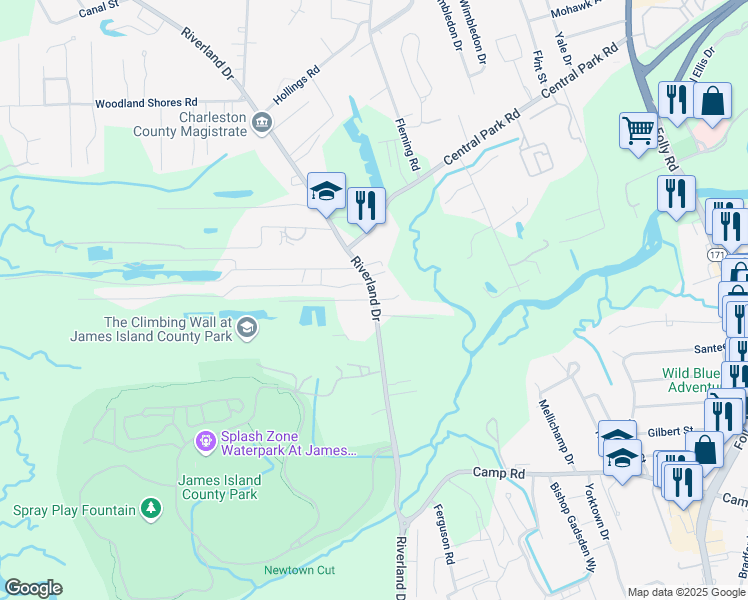 map of restaurants, bars, coffee shops, grocery stores, and more near Riverland Drive in Charleston