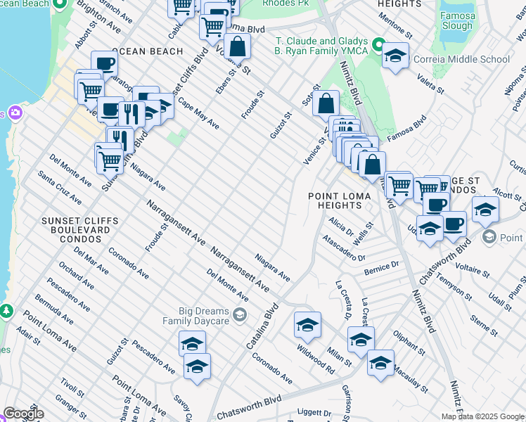 map of restaurants, bars, coffee shops, grocery stores, and more near Santa Barbara Street & Santa Monica Avenue in San Diego