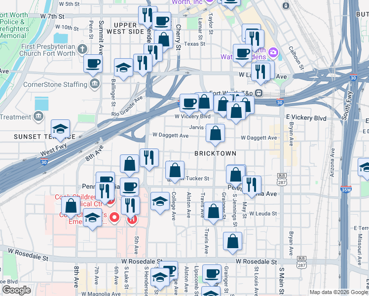 map of restaurants, bars, coffee shops, grocery stores, and more near 300 College Avenue in Fort Worth