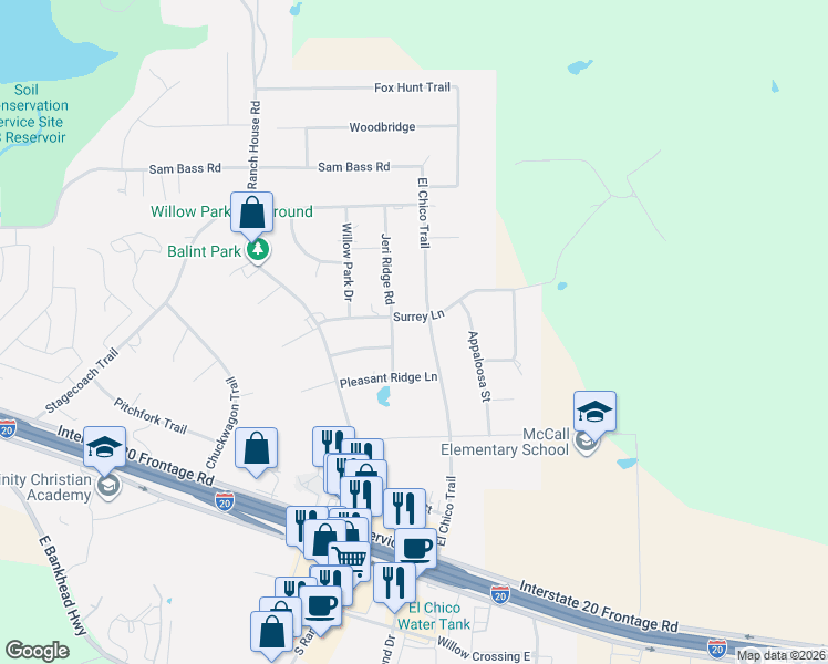map of restaurants, bars, coffee shops, grocery stores, and more near 405 El Chico Trail in Willow Park