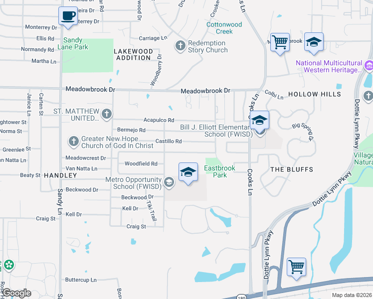 map of restaurants, bars, coffee shops, grocery stores, and more near 7729 Castillo Road in Fort Worth