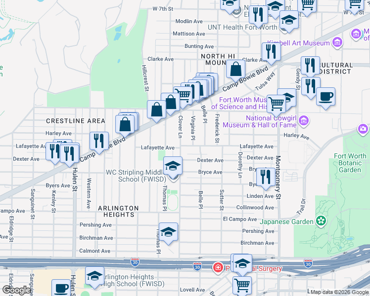 map of restaurants, bars, coffee shops, grocery stores, and more near 4017 Lafayette Avenue in Fort Worth