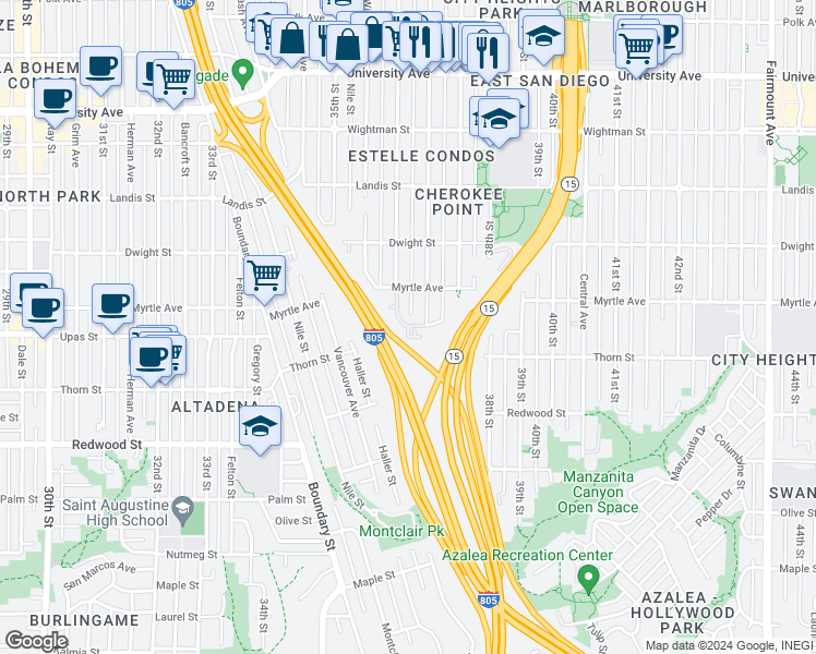 map of restaurants, bars, coffee shops, grocery stores, and more near 3370 Cherokee Avenue in San Diego