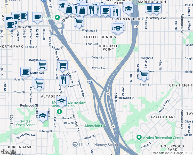 map of restaurants, bars, coffee shops, grocery stores, and more near 3340 Cherokee Avenue in San Diego