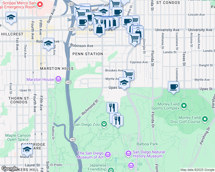 map of restaurants, bars, coffee shops, grocery stores, and more near 3443 Albert Street in San Diego