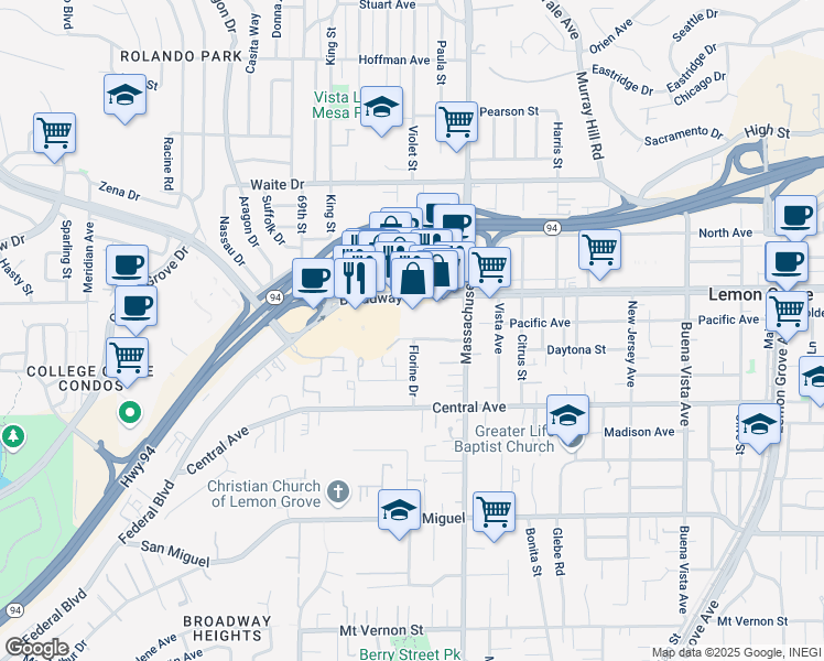 map of restaurants, bars, coffee shops, grocery stores, and more near 7107 Broadway in Lemon Grove