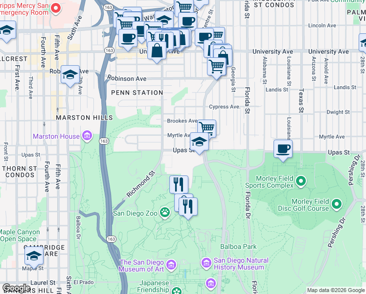 map of restaurants, bars, coffee shops, grocery stores, and more near 3443 Albert Street in San Diego